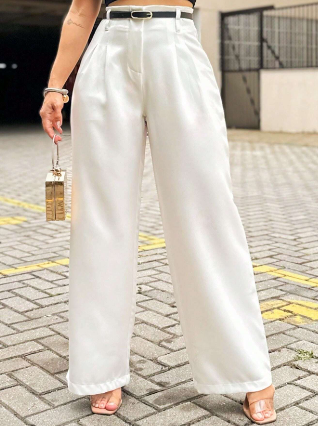 Calça Pantalona em Alfaiataria Cinturada com Cinto Fino
