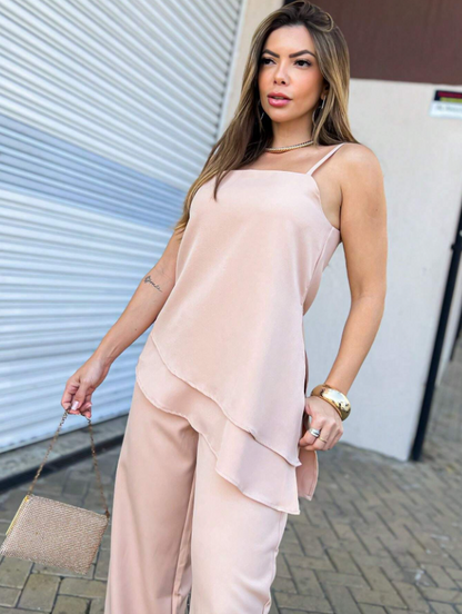 Conjunto Elegante com Bata Assimétrica e Calça