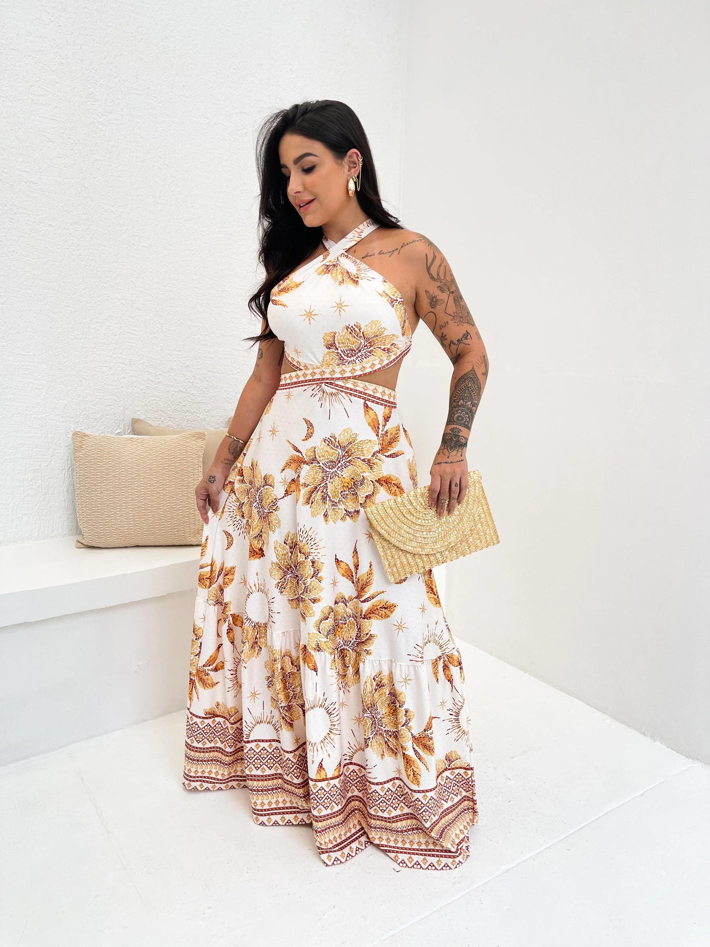 Vestido Longo Jardim Dourado