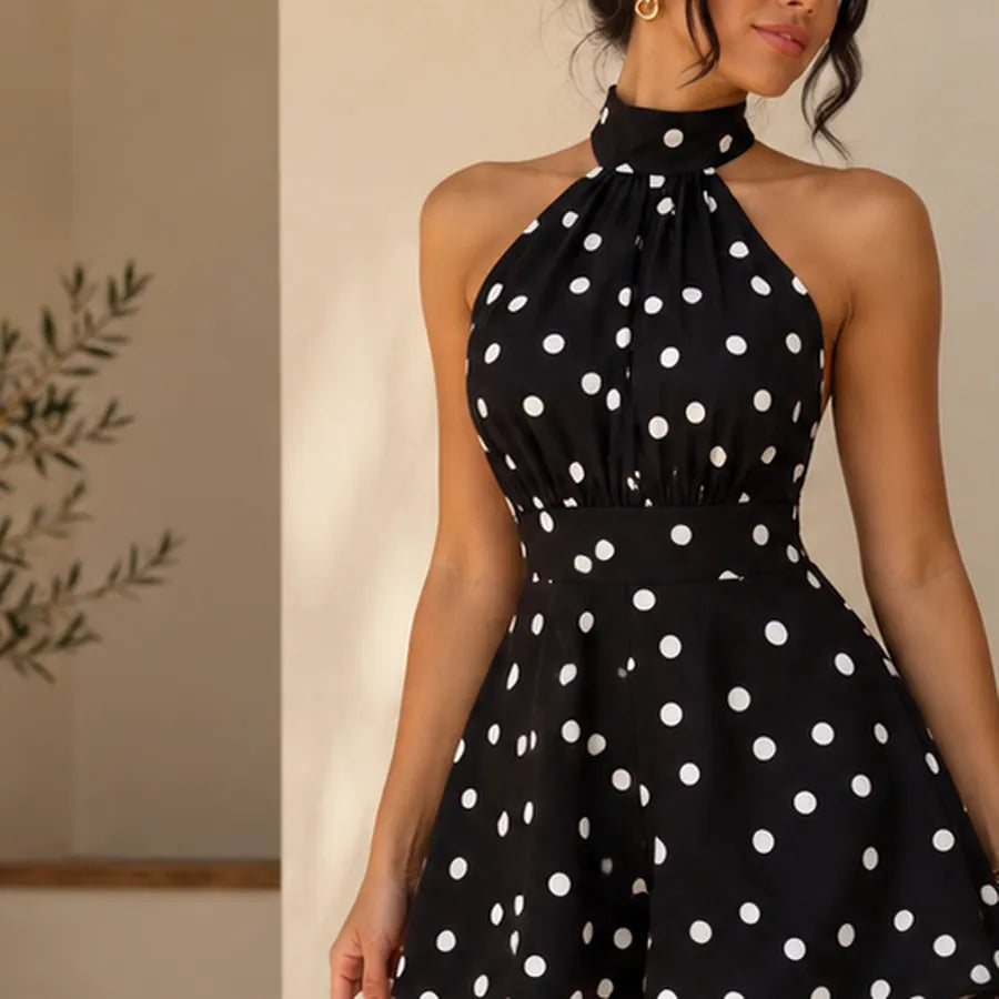 Vestido feminino preto de bolinhas brancas poá com gola alta, imagem 5