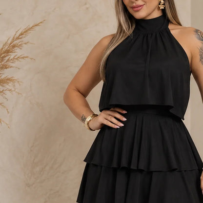 Vestido preto curto com babados em camadas e gola alta, imagem 5