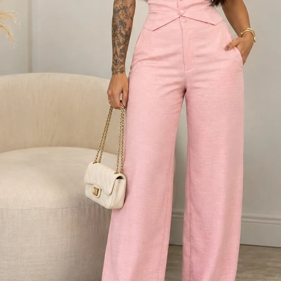 Conjunto feminino rosa alfaiataria com top tomara que caia e calça pantalona, imagem 6